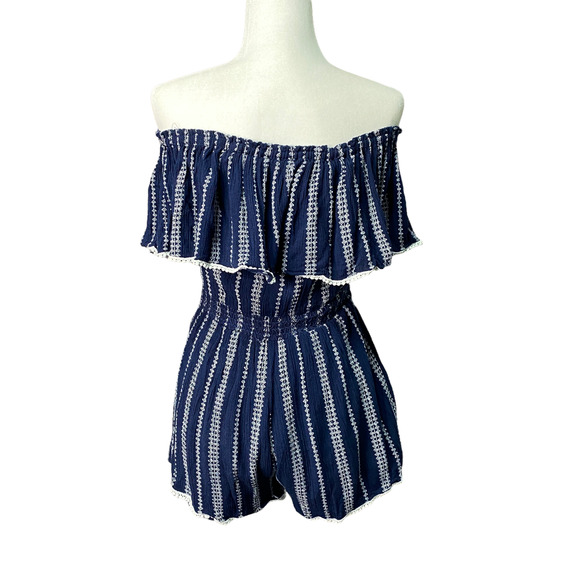 LULU'S | sz S Women's Blue/White Striped See Ya There Off Shoulder Ruffle Romper - Picture 5 of 6